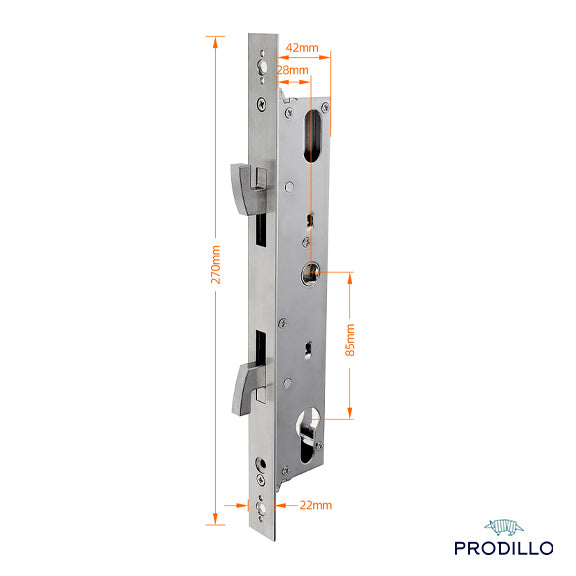 Metal door lock with dimensions labeled on a white background, featuring the Prodillo brand.