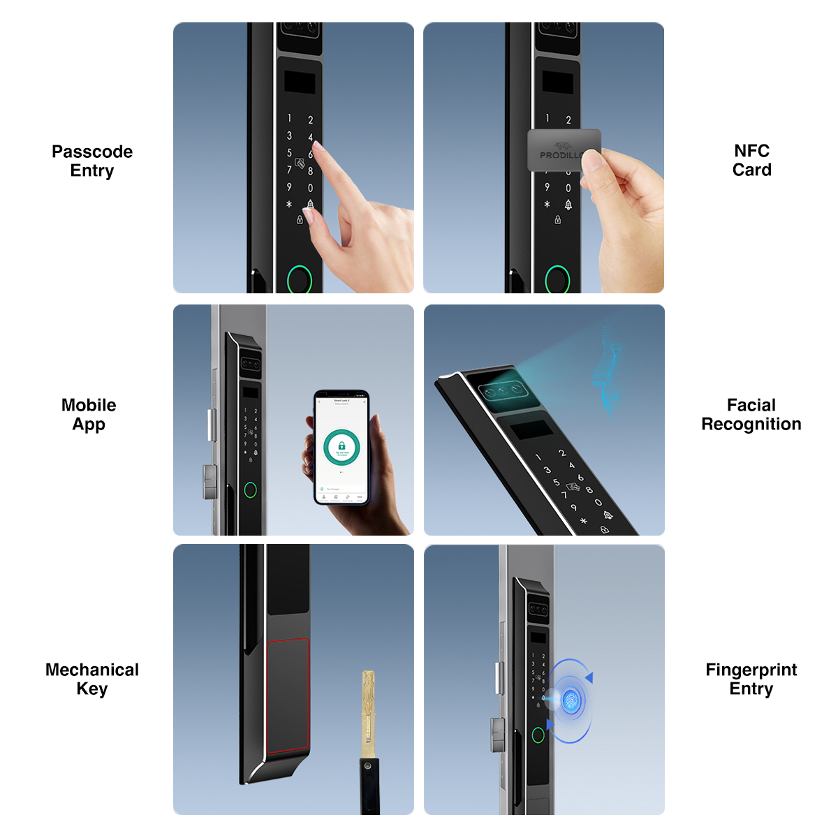 Prodillo Z10 2026 Smart Lock Features - passcode, nfc card, mobile app, facial recognition mechanical key, fingerprint entry