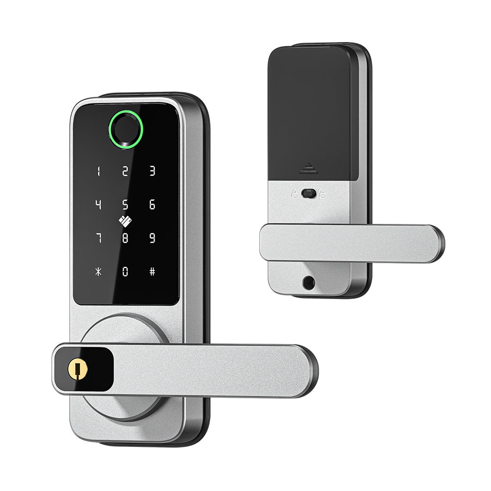 Digital door lock with keypad and handle on a white background - Prodillo