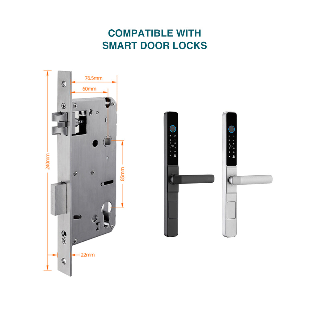 Prodillo | Smart door lock mechanism with dimensions and compatibility text on a white background