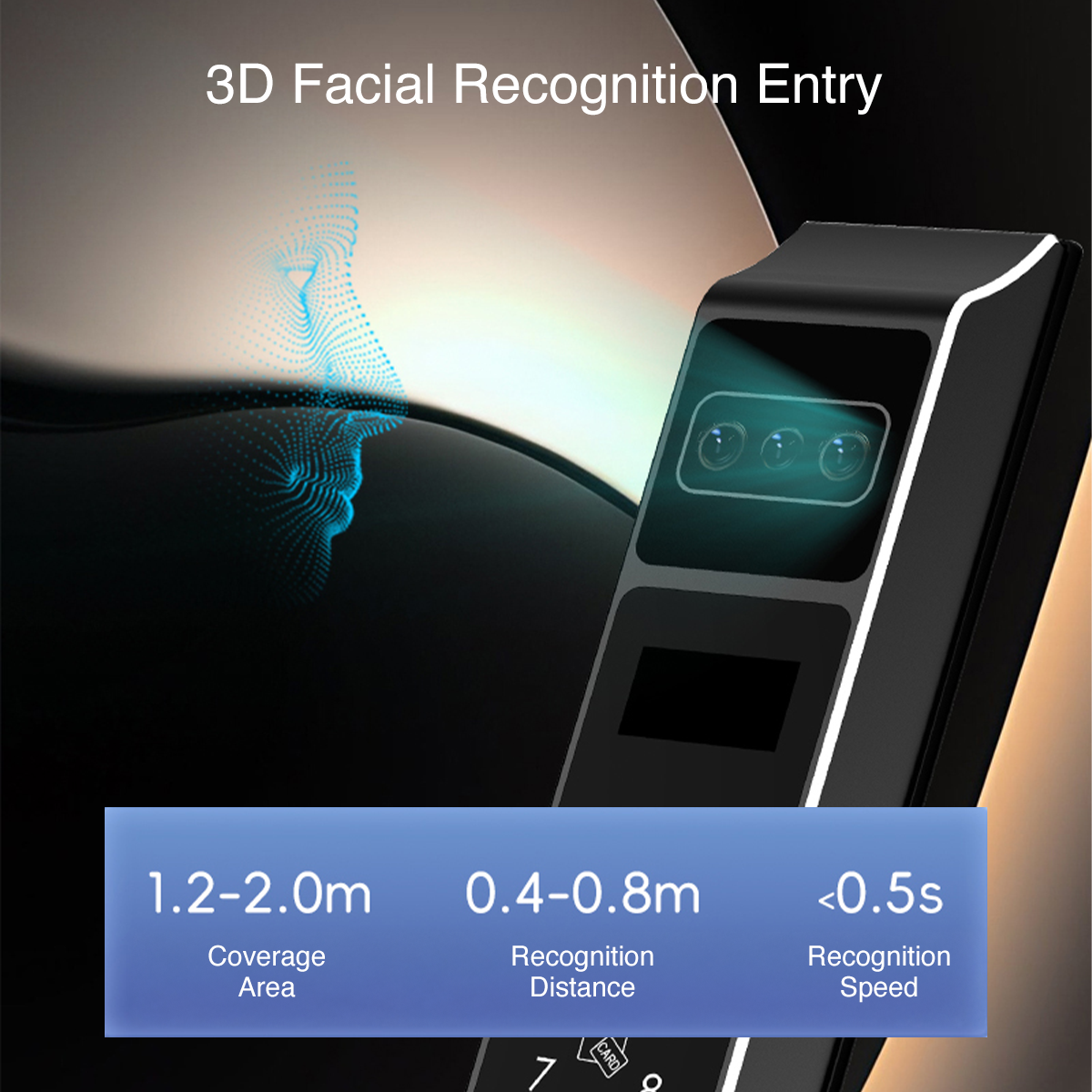 Prodillo Z10 | 3D facial recognition entry system with text and measurements on a dark background
