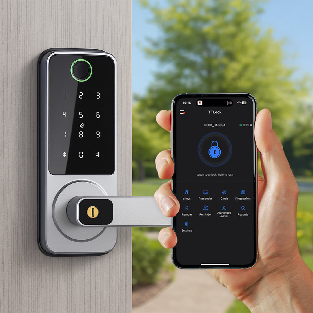 Smart door lock with digital keypad and smartphone app on a blurred outdoor background - Prodillo