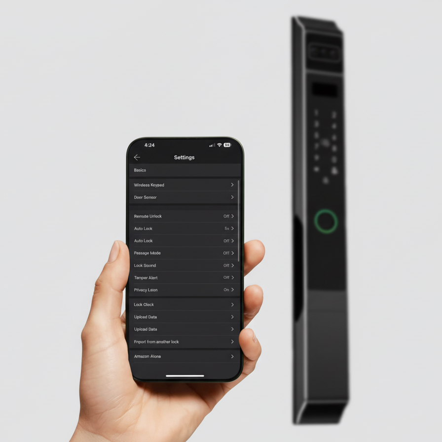 Prodillo TT Lock | Smart lock device with smartphone app interface on a light gray background