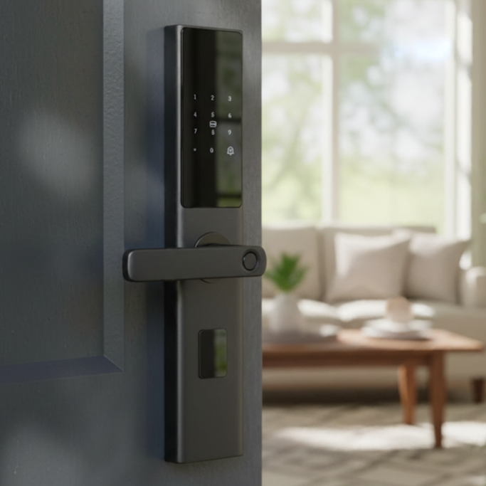 Prodillo | G2 Touchscreen Smart Lock | Digital door handle on a gray door with a living room in the background