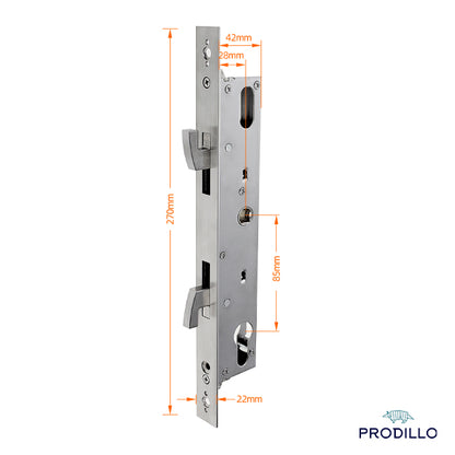Metal door lock with dimensions labeled on a white background, featuring the Prodillo brand.