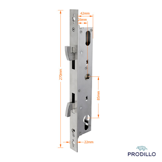 Metal door lock with dimensions labeled on a white background, featuring the Prodillo brand.
