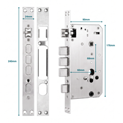Silver metal door lockset components shown on a white background with blue dimension arrows and labels indicating measurements such as 240mm, 176mm, 90mm, 68mm, and 60mm.