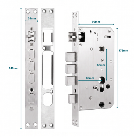 Silver metal door lockset components shown on a white background with blue dimension arrows and labels indicating measurements such as 240mm, 176mm, 90mm, 68mm, and 60mm.