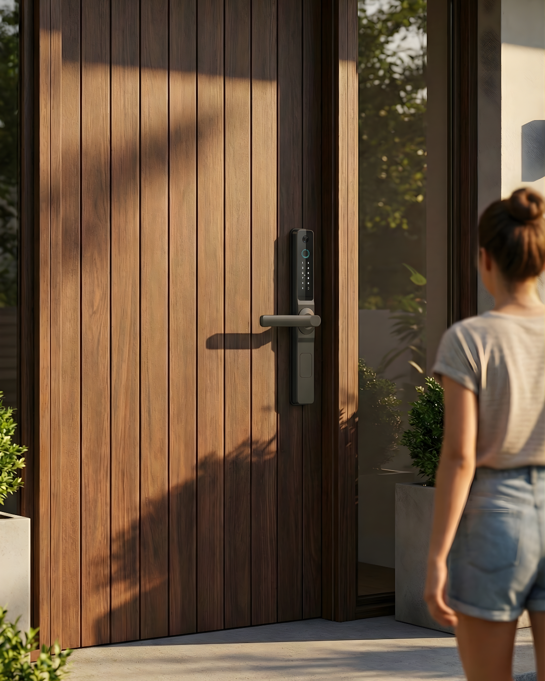 Woman approaching a modern wooden door with the Prodillo MS02 smart door lock on it.