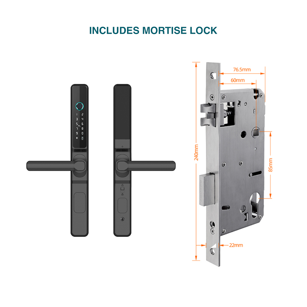 Digital door handle with mortise lock assembly and dimensions on a white background