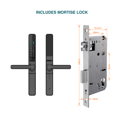 Digital door handle with mortise lock assembly and dimensions on a white background