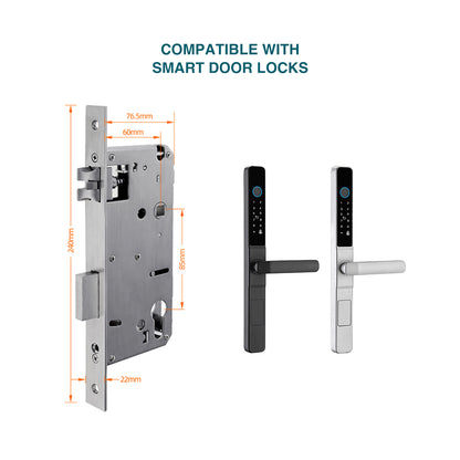 Prodillo | Smart door lock mechanism with dimensions and compatibility text on a white background