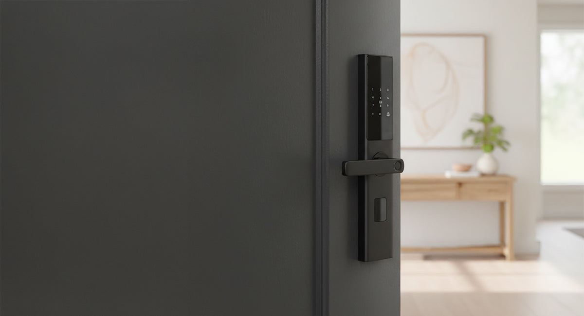 Smart door handle on a gray door with a modern interior background