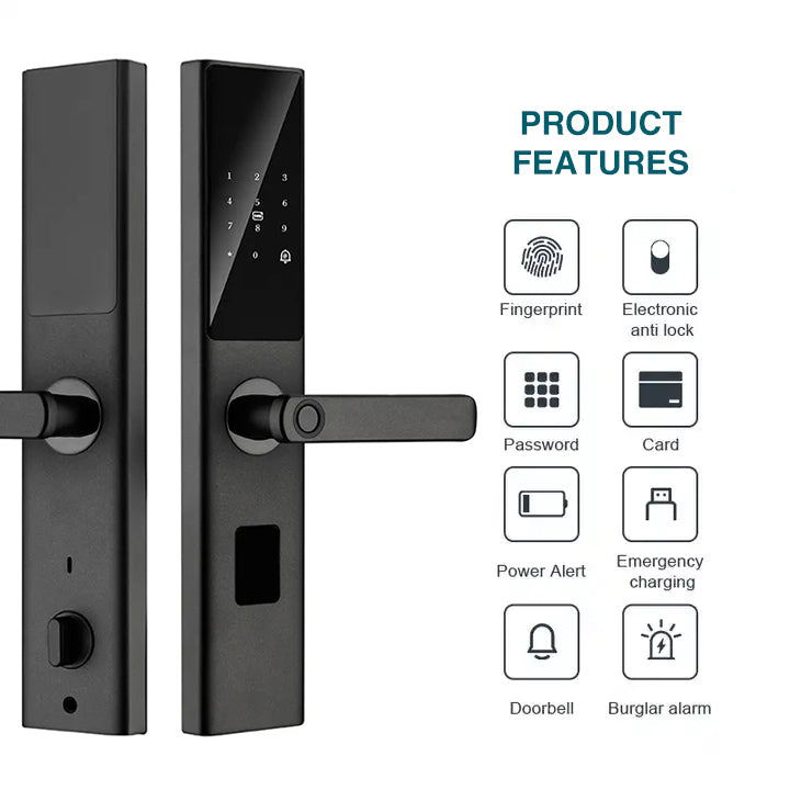 Smart Lock product features: fingerprint, electronic anti-lock, password entry, fob card entry, low power alerts, emergency charging capability, doorbell and burglar alarm settings.