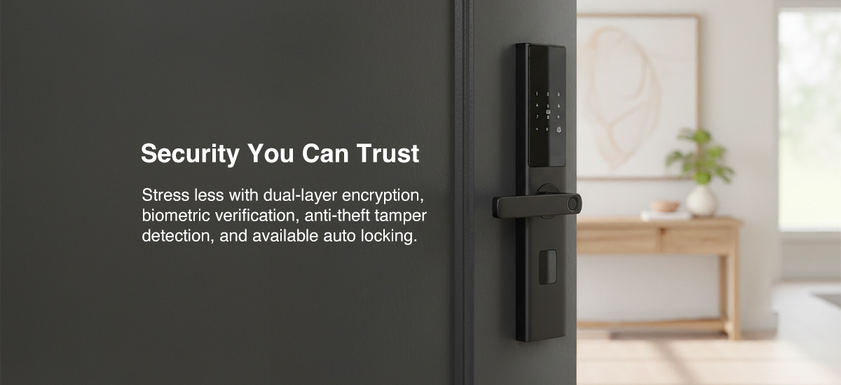 Smart door lock on a modern interior door with text about security features.