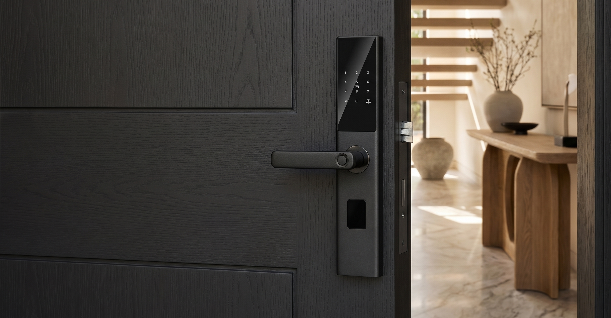 Prodillo G2 Modern black door with digital door handle in a home setting