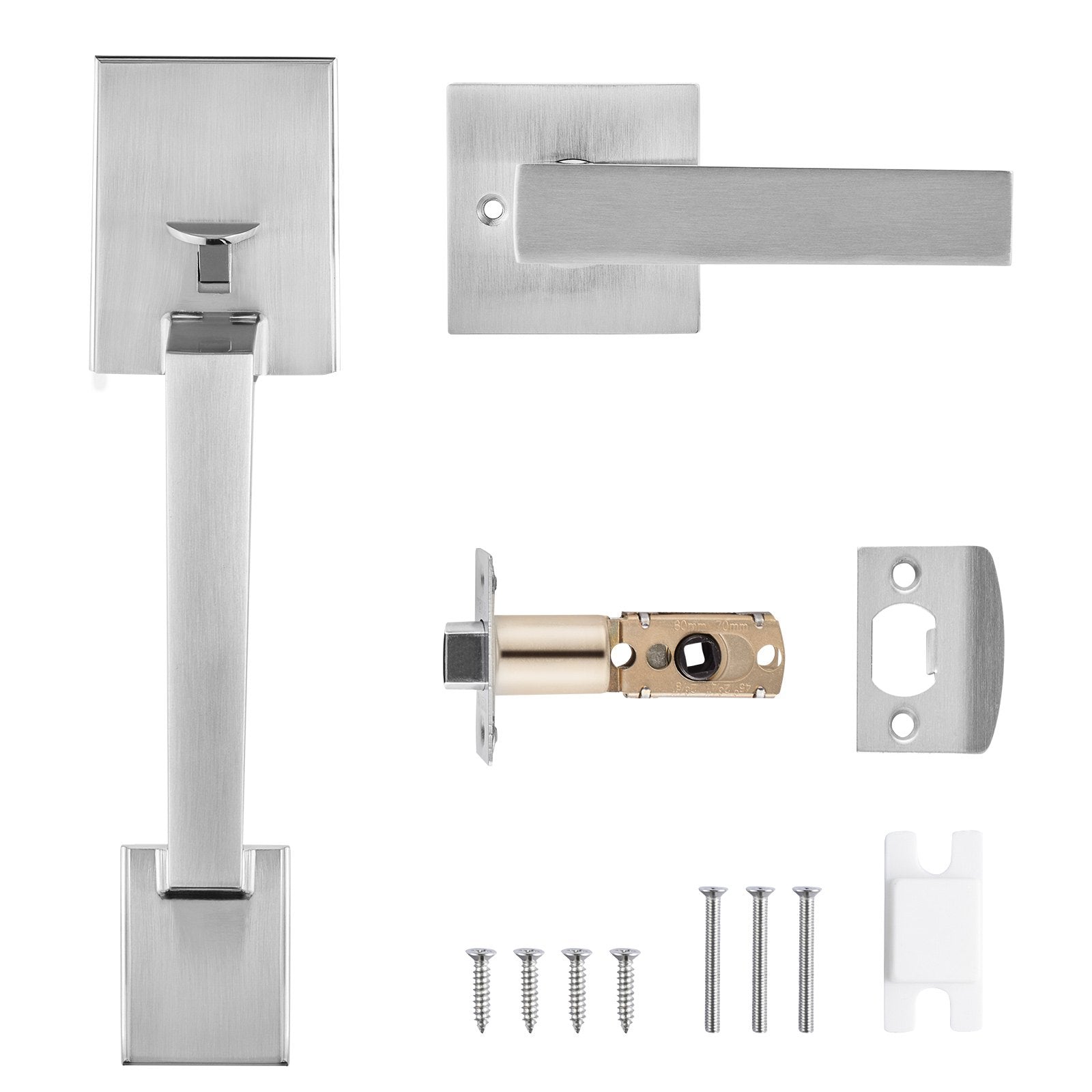 Prodillo V Series | Set of stainless steel door handles and lock components on a white background