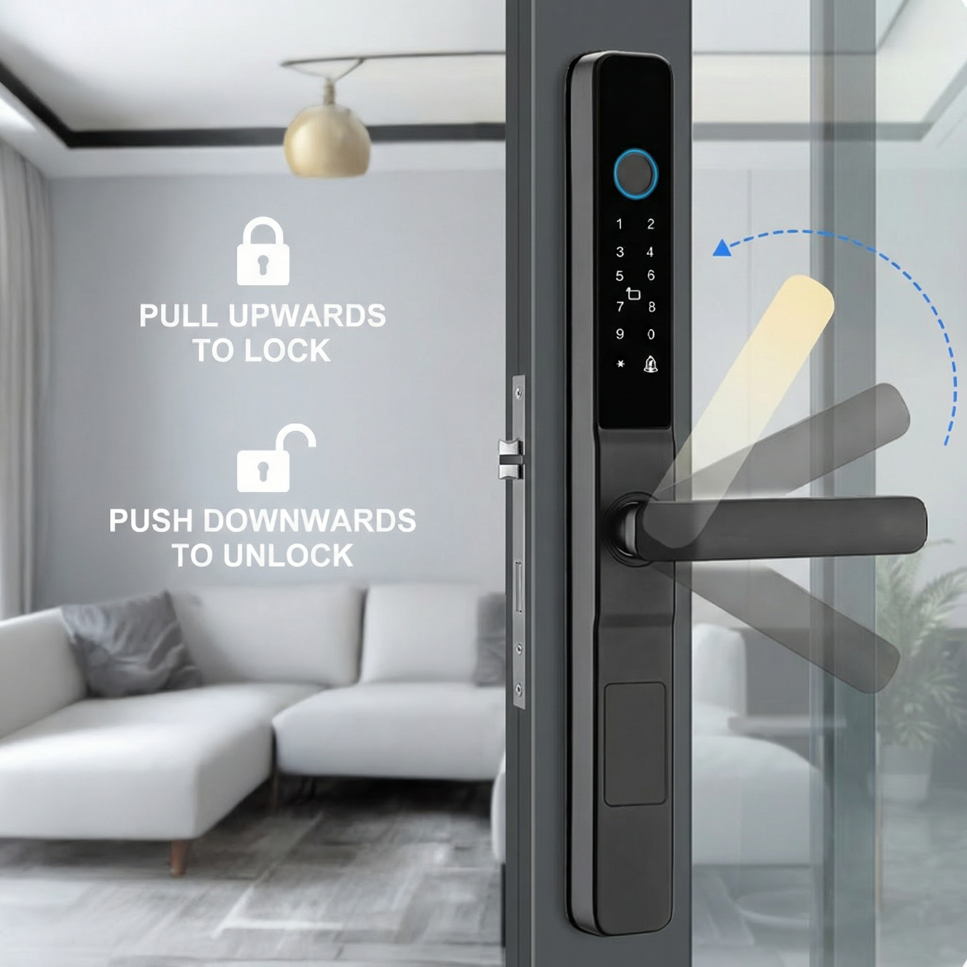 Prodillo MS01 smart lock Digital door handle with lock and unlock instructions on a glass door, living room interior.