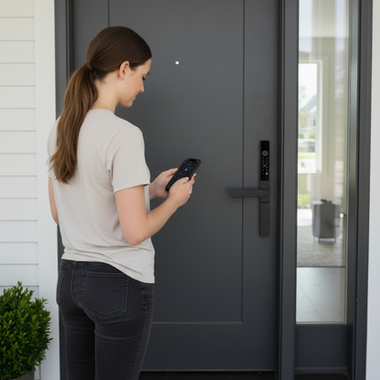 MS01 black slim smart lock lifestyle image with woman and tt lock mobile app