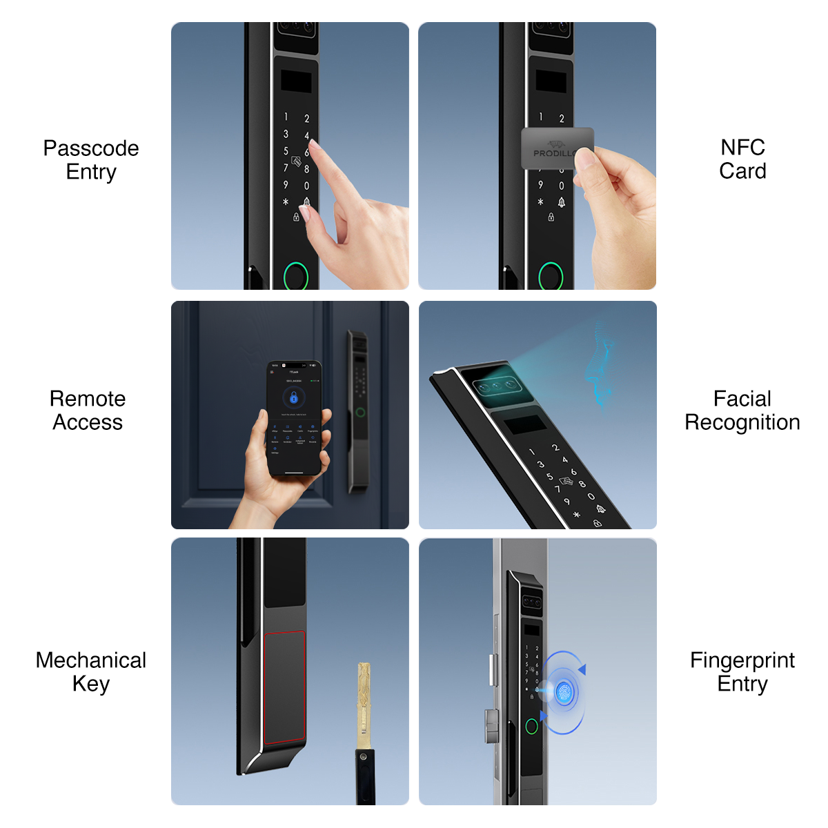 Prodillo Z10 Smart Lock | Illustration of a digital door lock with various entry methods including passcode, NFC card, remote access, facial recognition, mechanical key, and fingerprint entry.