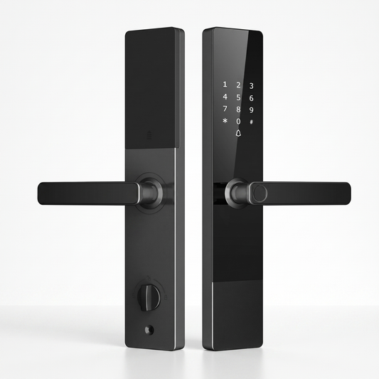 Prodillo | R3 smart lock with matte black handles and glossy black panels. Fingerprint and passcode entry, NFC card, mobile app control. Easy installation and use for the whole family.