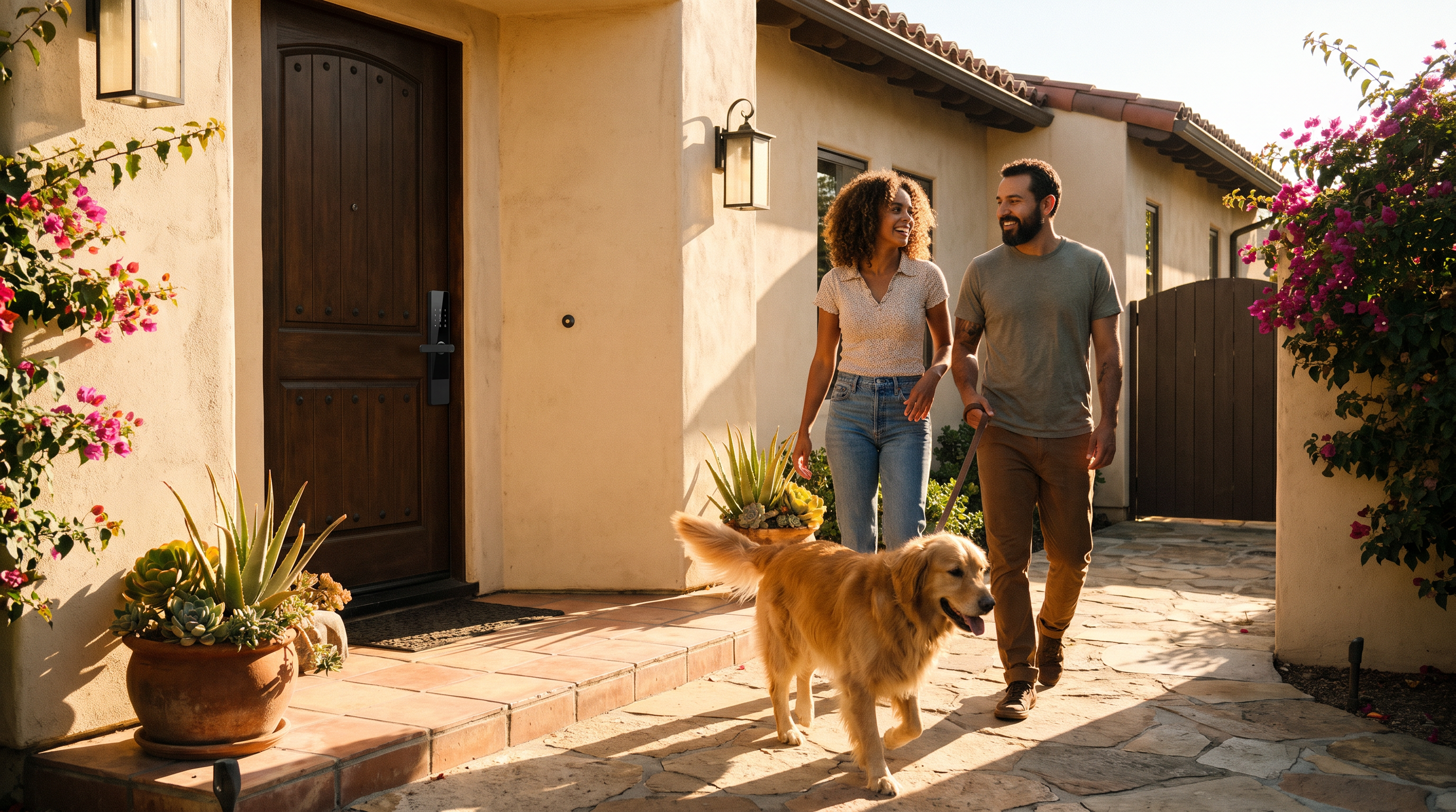 Prodillo R3 - A man and a woman walk with a golden retriever dog along a stone path in front of a beige stucco house with a dark wooden door and potted plants.