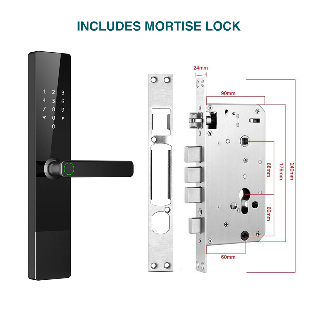 Prodillo R3 smart lock - Digital door handle with mortise lock and measurements on a white background