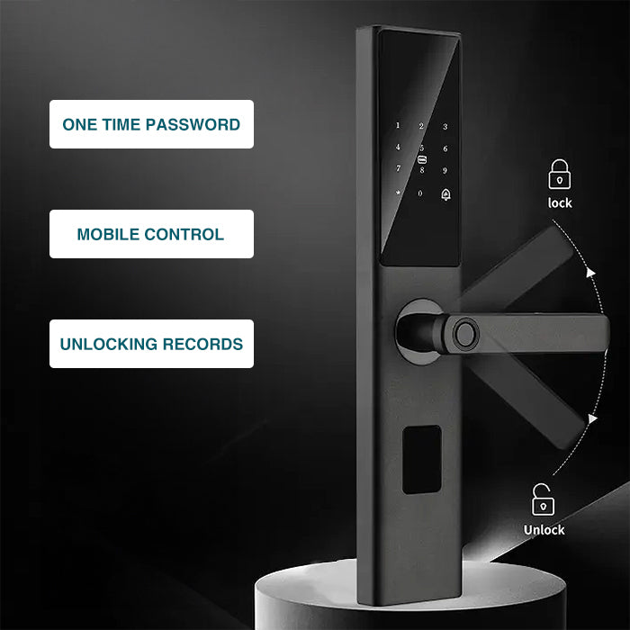 Prodillo Smart lock showing its one time password, mobile control and unlocking records functionality.