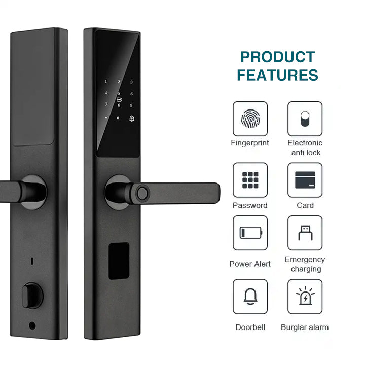 Smart Lock product feature: fingerprint, electronic anti-lock, password entry, fob card entry, low power alerts, emergency charging capability, doorbell and burglar alarm settings.