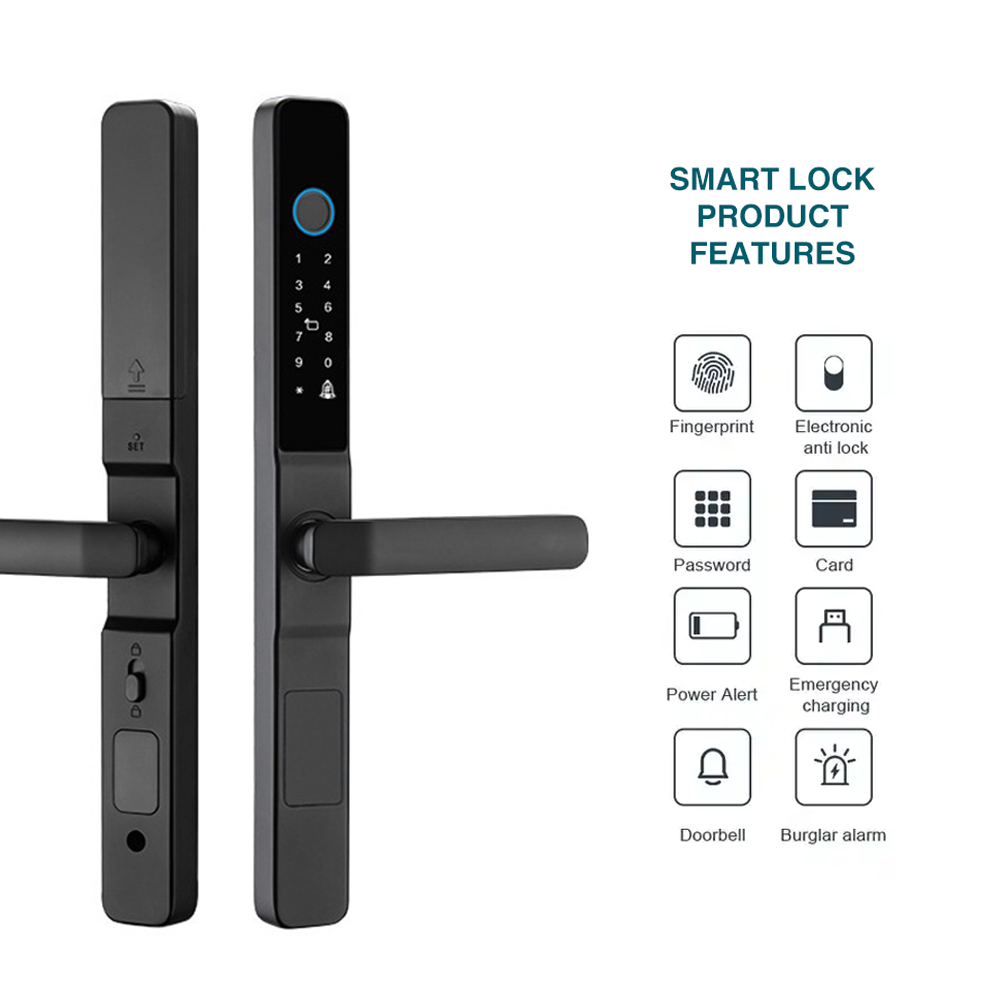 smart lock product features - fingerprint, auto lock, digital password, one-time passcodes, fob card, low power alert, emergency charging, doorbell, burglar alarm