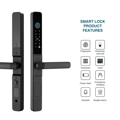 smart lock product features - fingerprint, auto lock, digital password, one-time passcodes, fob card, low power alert, emergency charging, doorbell, burglar alarm