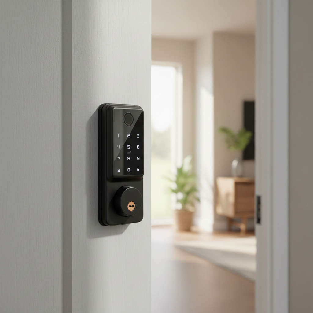 Prodillo V Series Smart door lock mounted on a white door with a blurred interior background.