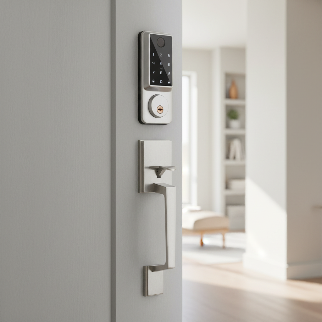Prodillo V Series Smart door lock on a modern door with a blurred interior background