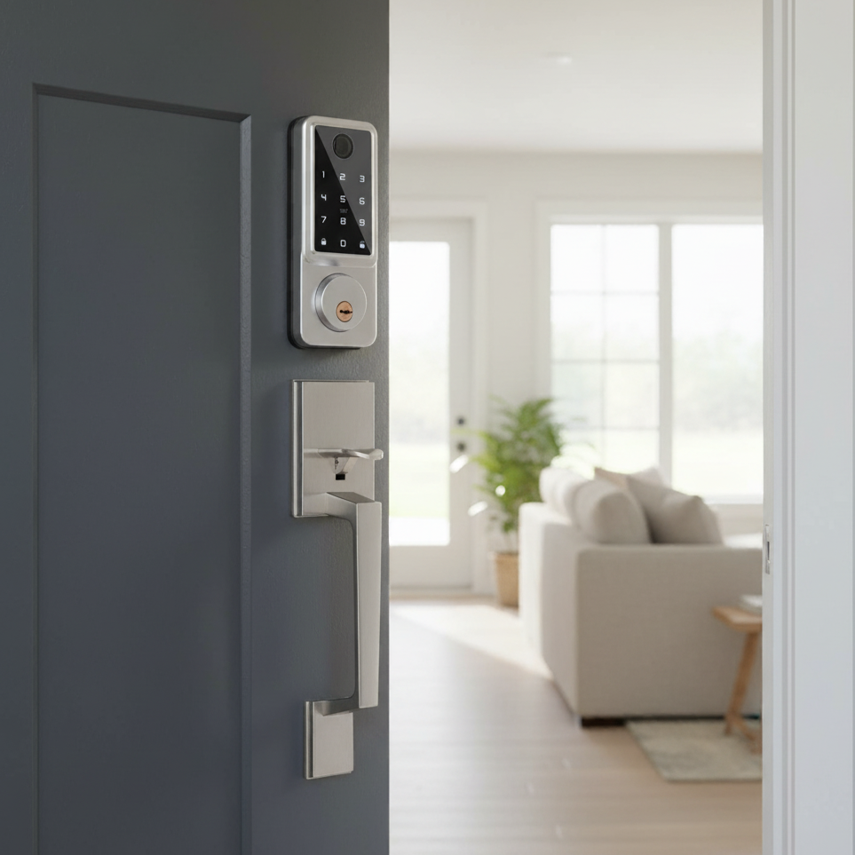 Prodillo V Series smart door lock on a gray door with a view into a bright living room
