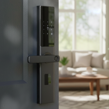 Prodillo | G2 Touchscreen Smart Lock | Digital door handle on a gray door with a living room in the background