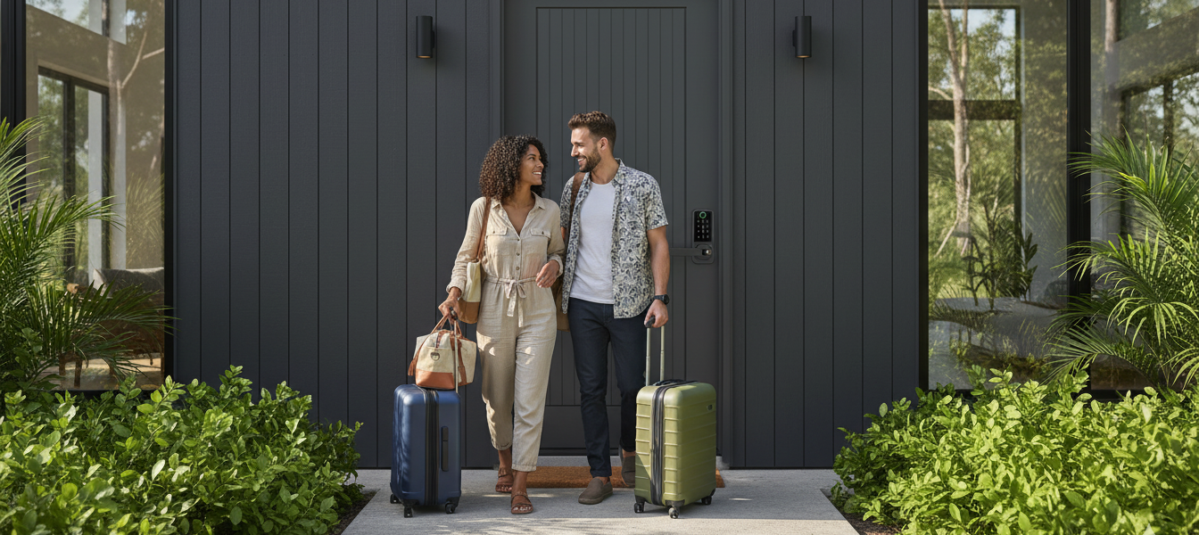 Prodillo S80 Lifestyle - Man and woman with luggage standing outside a building with greenery around